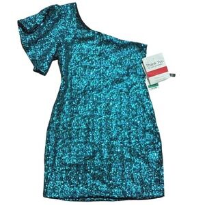 As U Wish Dress Large L Sparkling Sequined Blue Aqua One Shoulder Ruffle Sexy